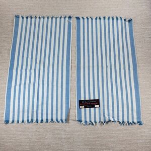 VTG Cannon Kitchen Tea Towel Set of 2 Blue White Striped Fringe Deadstock USA